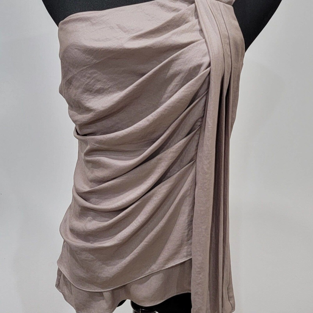 BCBGMAXAZRIA Moss/Tan Sleeveless Asymmetrical Open Neckline Ruched Detail Size 6 - Picture 5 of 8